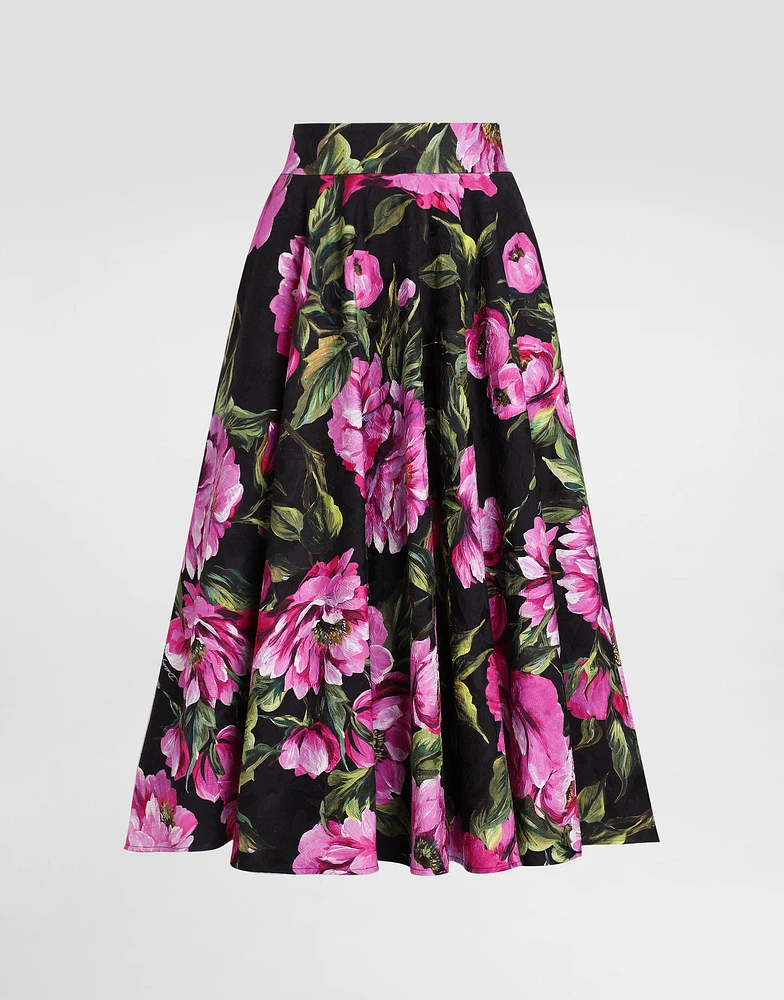 Cotton calf-length circle skirt with peony print