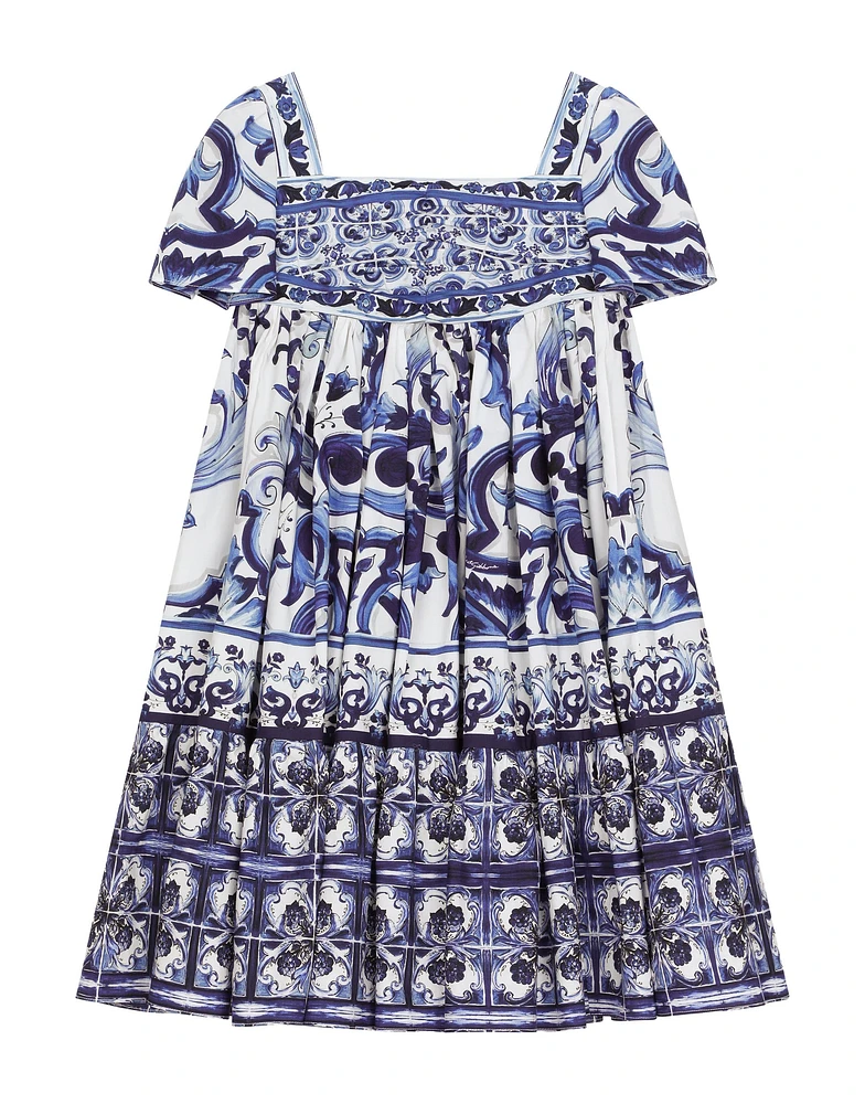 Long majolica-print poplin dress