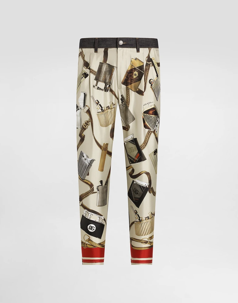 Loose blue denim and silk jeans with lighter print