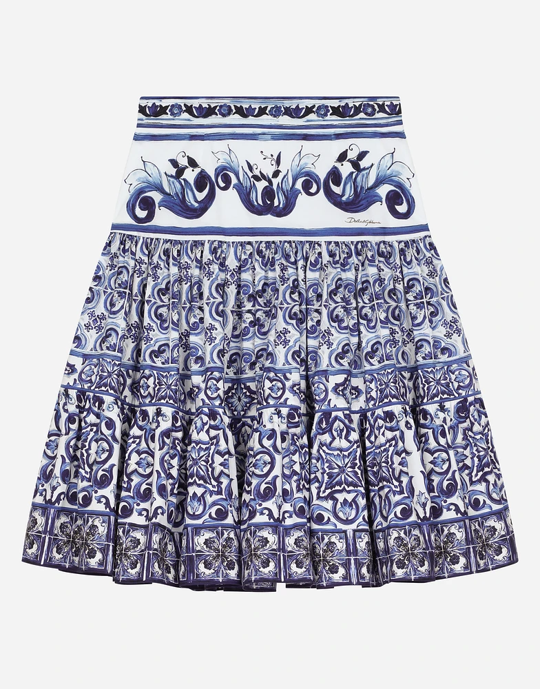 Long majolica-print poplin skirt