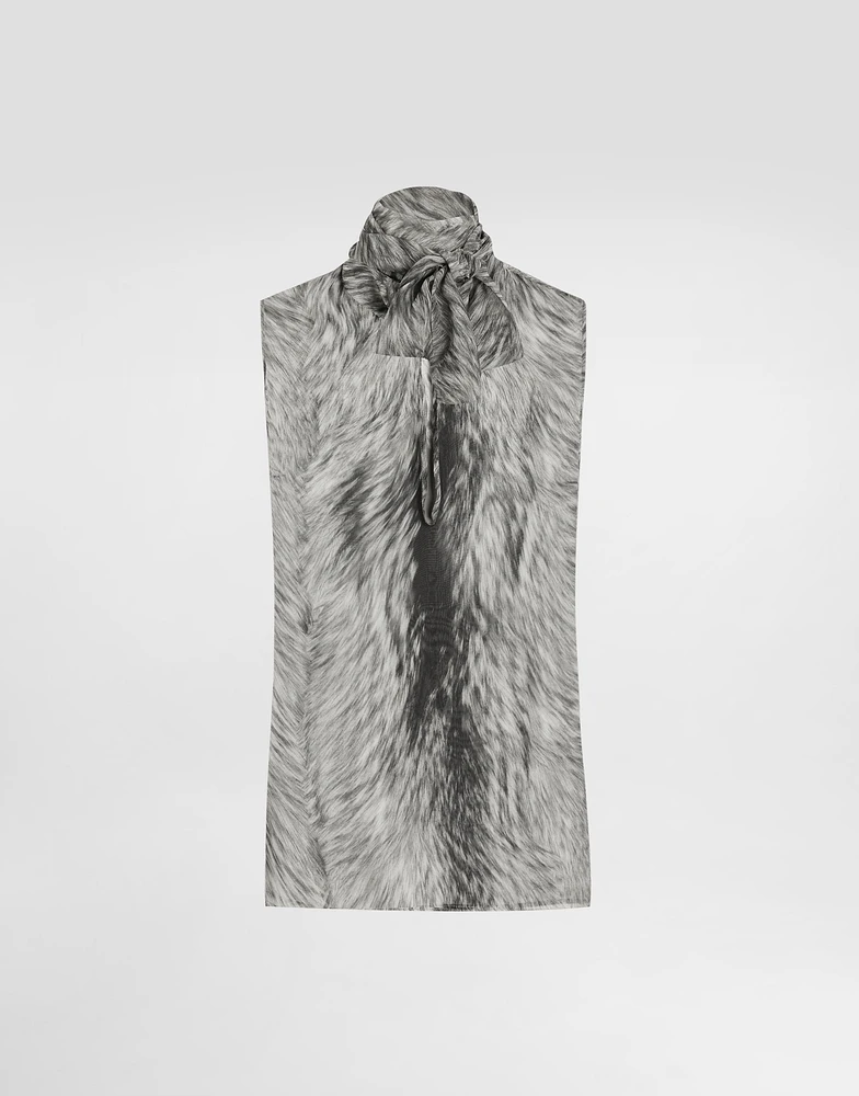 Fur-print chiffon pussy-bow shirt