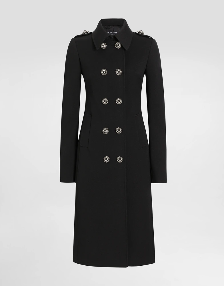 Double-breasted wool coat with bejeweled buttons