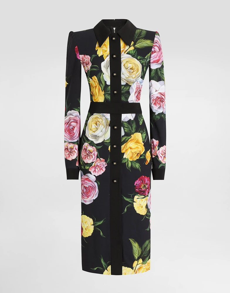 Calf-length cady shirt dress with peony and rose print