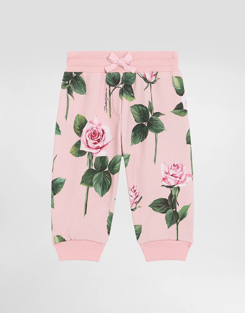 Cotton fleece jogging pants with rose print