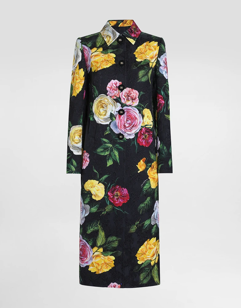 Single-breasted peony and rose-print brocade coat
