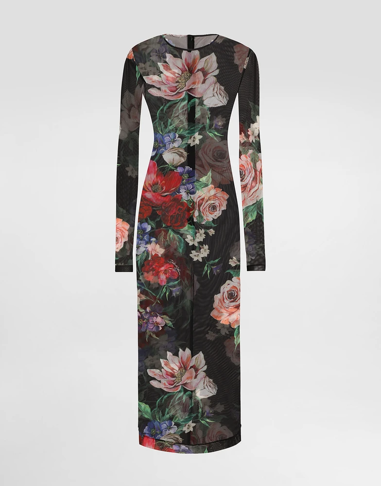 Tulle calf-length dress with floral print