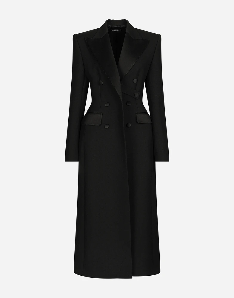 Double-breasted wool gabardine tuxedo coat with padded hips