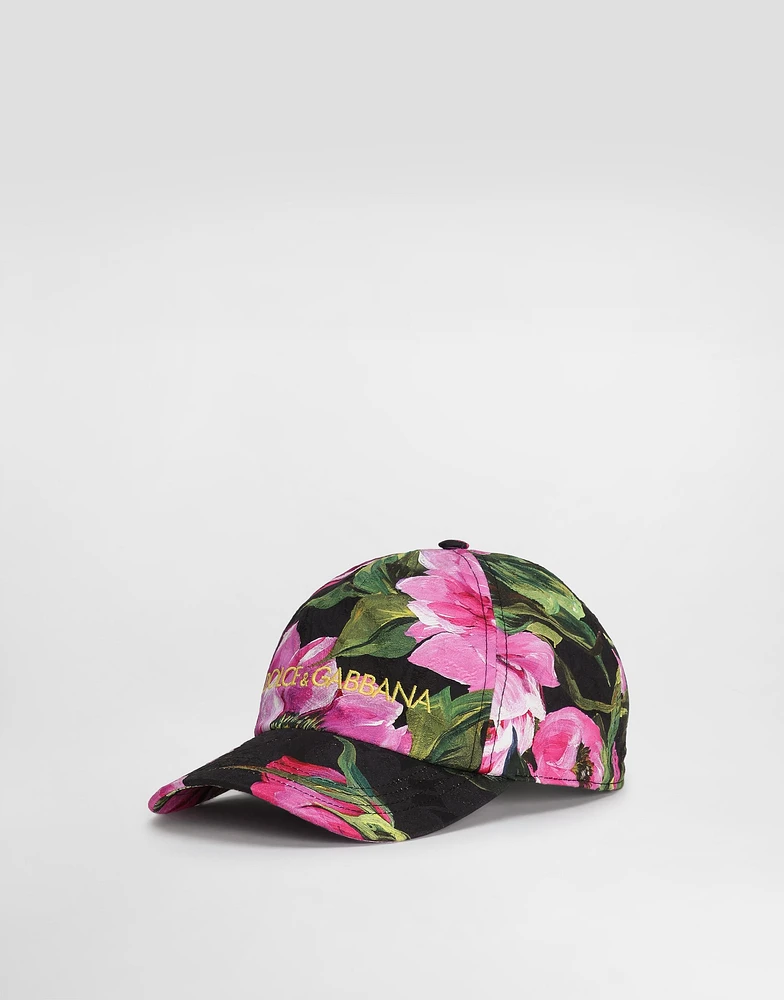 Cotton jacquard baseball cap with a peony print and Dolce&Gabbana logo embroidery