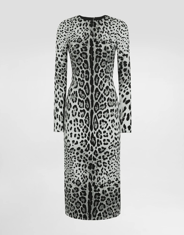 Charmeuse calf-length sheath dress with leopard print