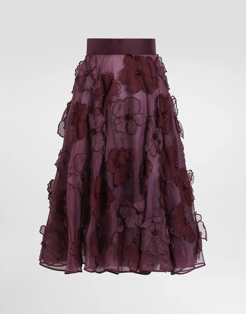Organza midi circle skirt with floral embroidery