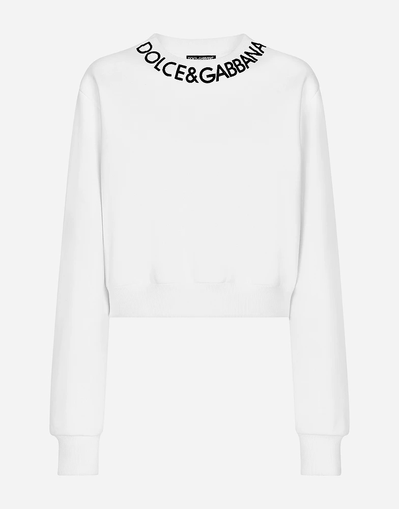 Cropped jersey sweatshirt with logo embroidery on neck