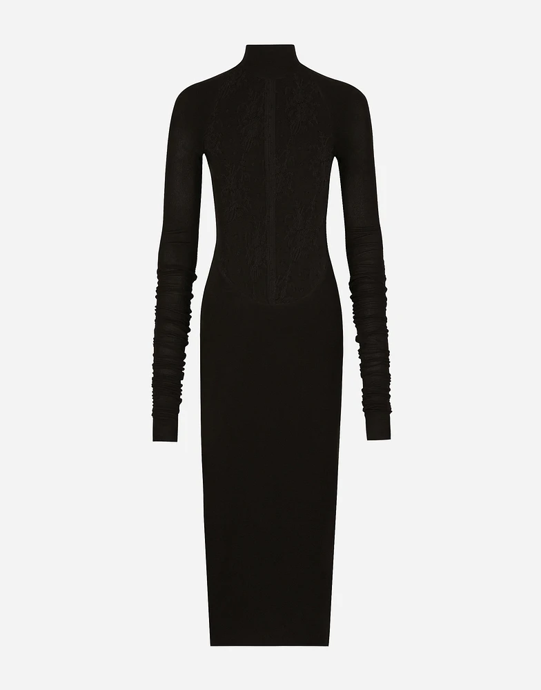 Jersey calf-length dress with Chantilly lace insert
