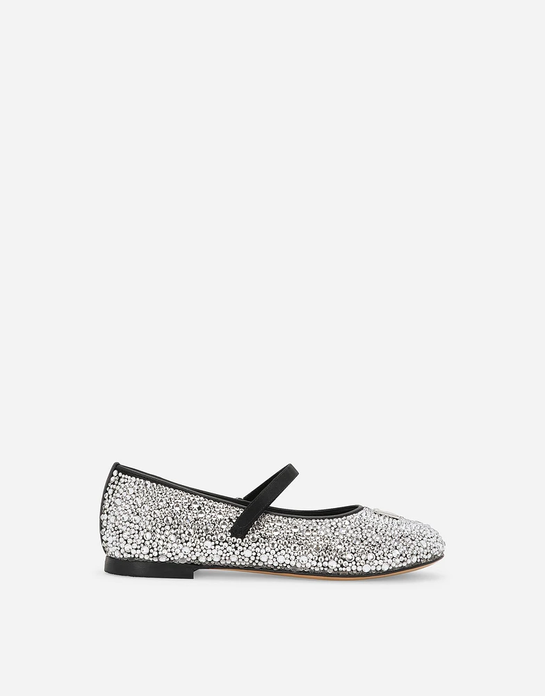 Satin ballet flats with fusible rhinestones