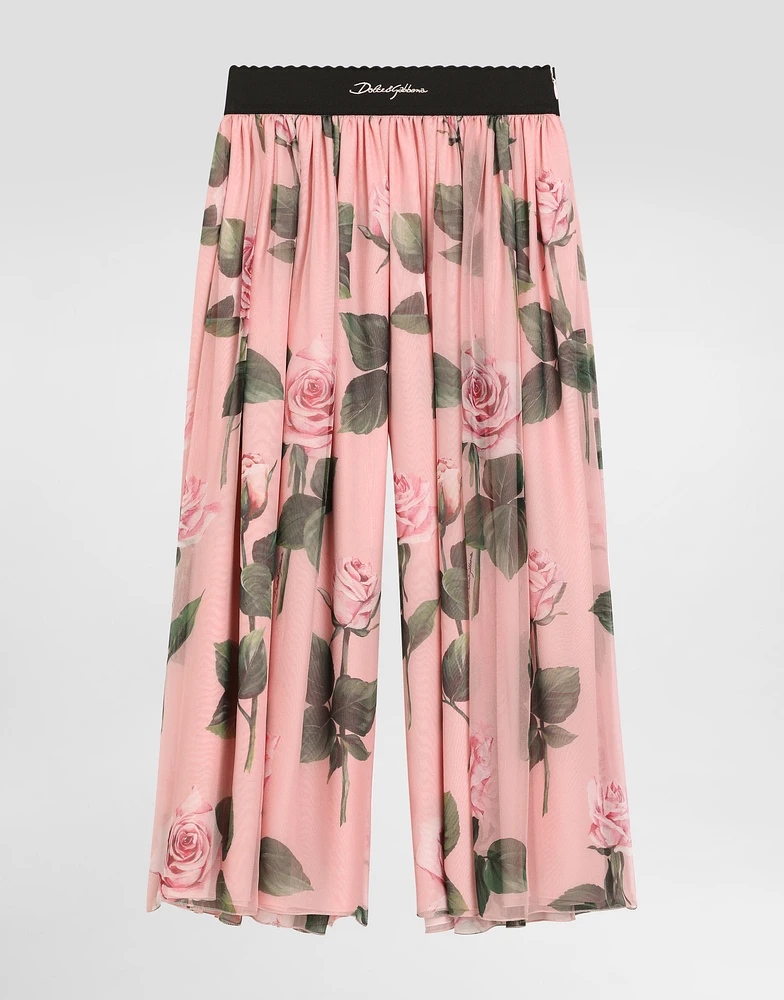 Chiffon pants with rose print and Dolce&Gabbana logo