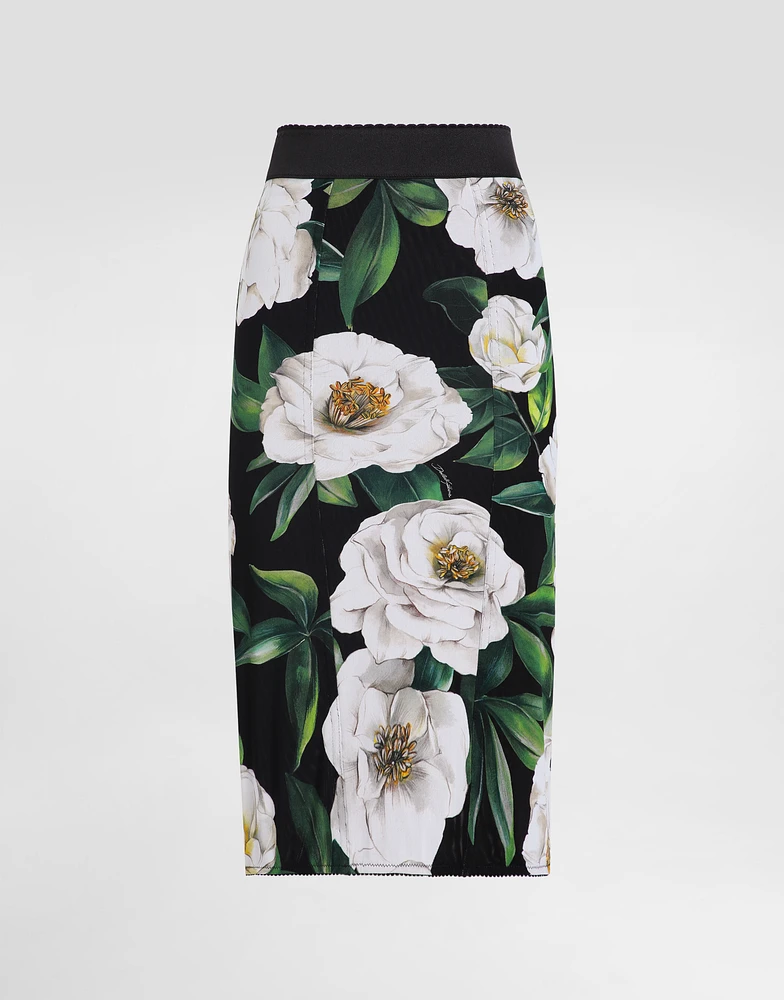 Calf-length stretch pencil skirt with gardenia print