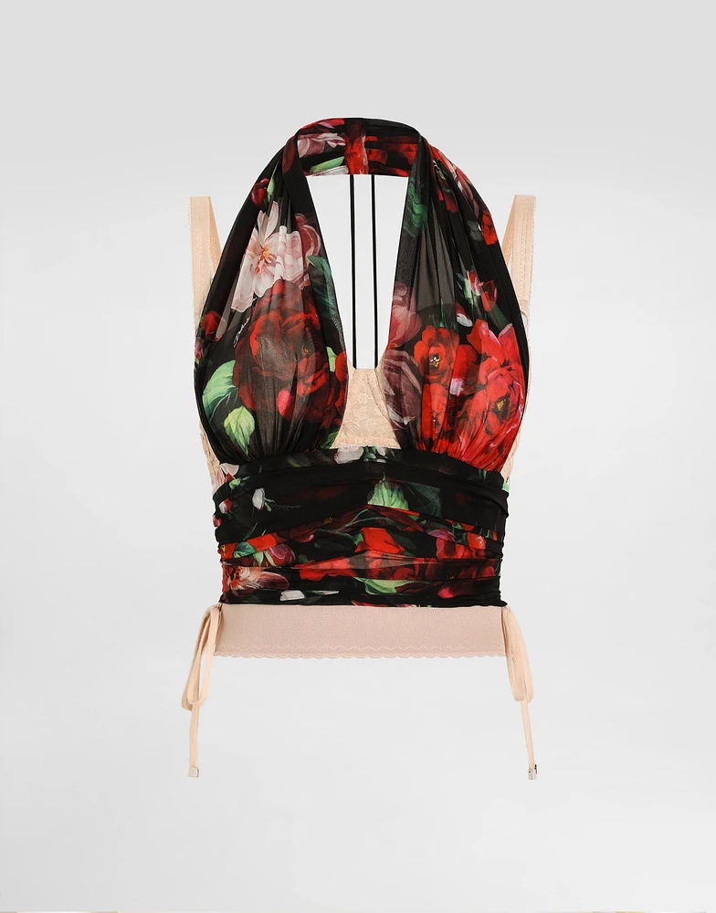 Marquisette and chiffon corset top with floral print