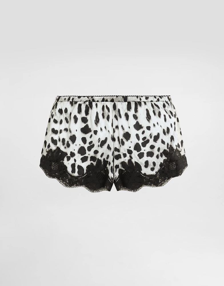 Leopard-print satin shorts with lace inserts