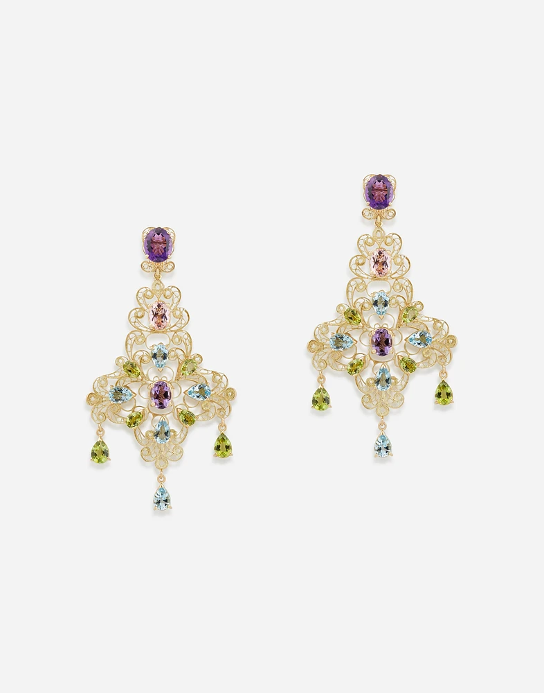 Filigree Earrings 18-carat yellow gold, amethysts, aquamarines, peridots, and morganites
