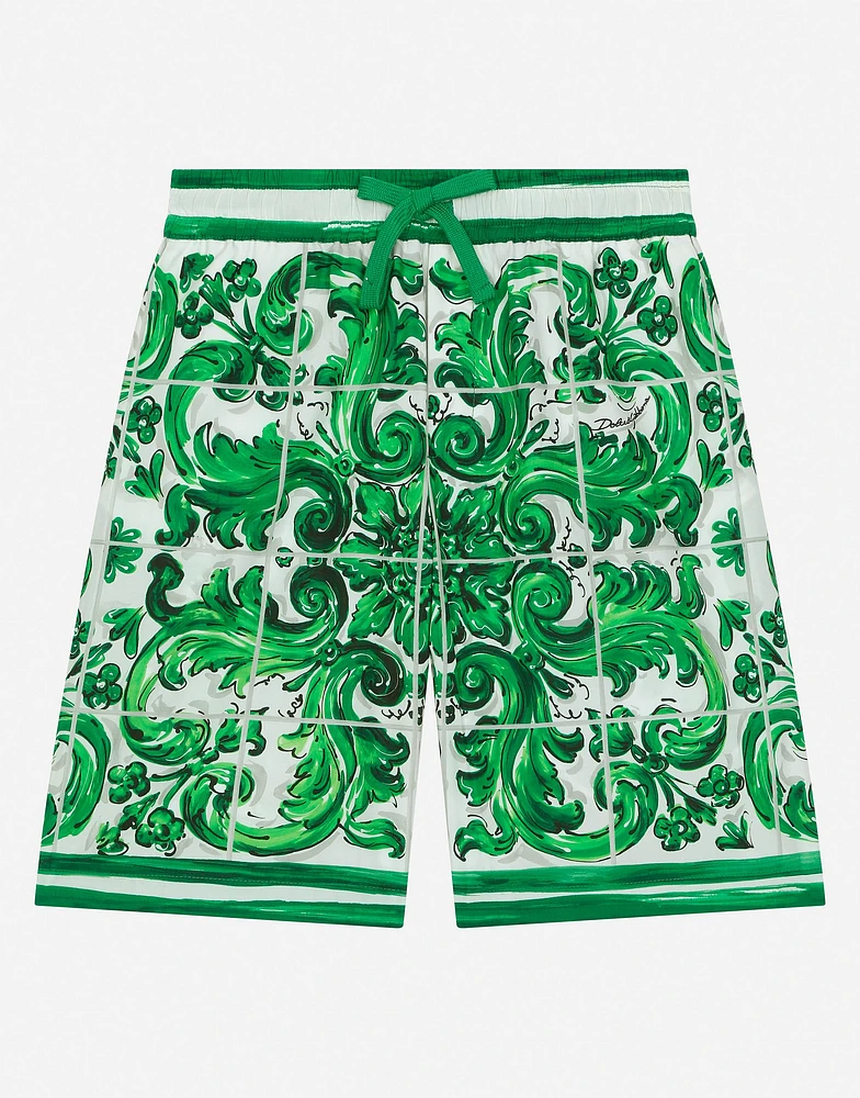 Poplin shorts with green majolica print