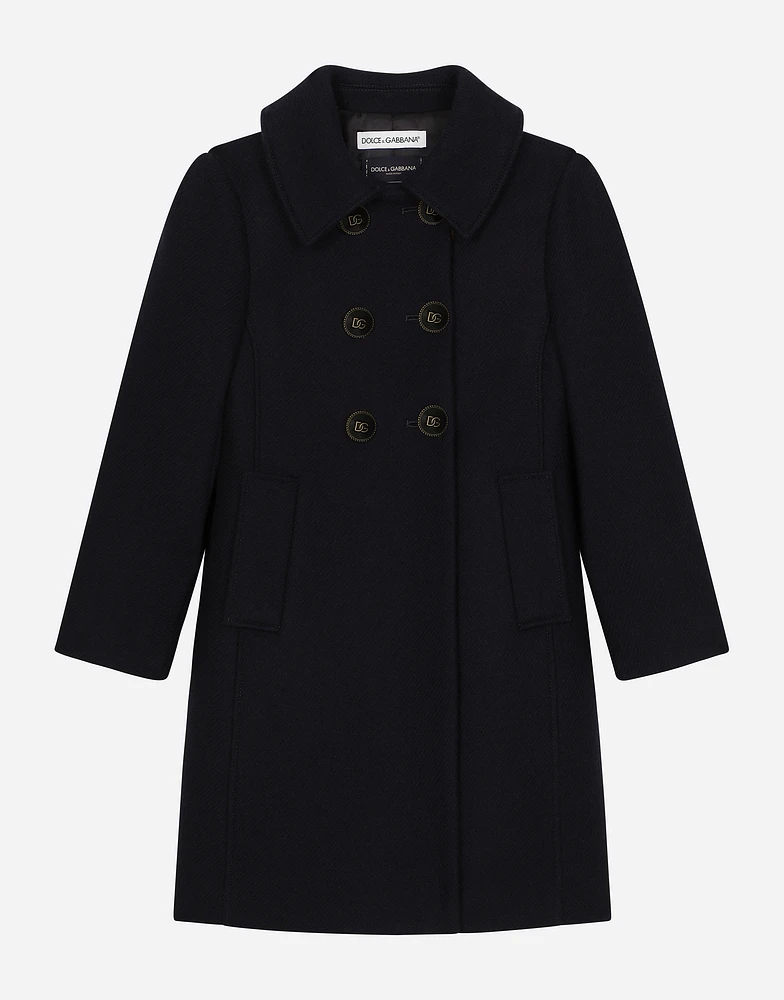Double-breasted wool coat with branded buttons