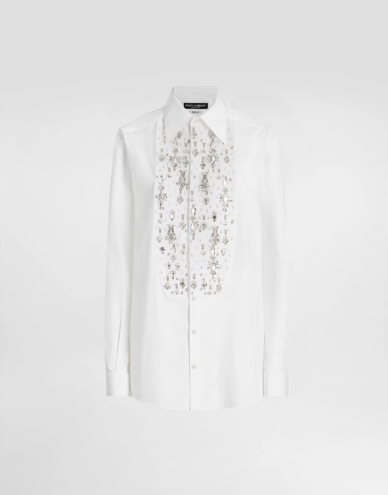 Cotton tuxedo shirt with rhinestone-embroidered front