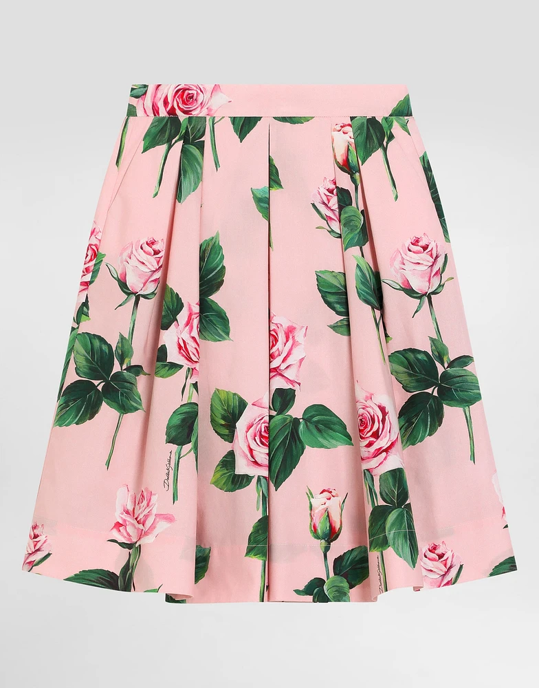 Rose-print poplin skirt