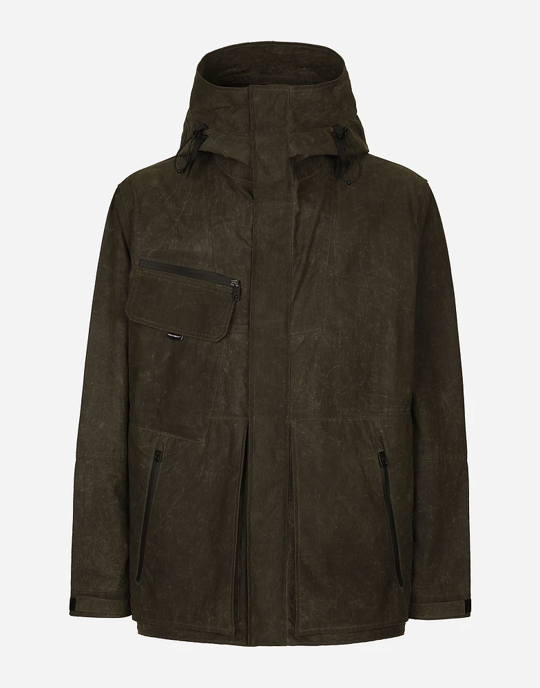 Lined technical fabric jacket with hood