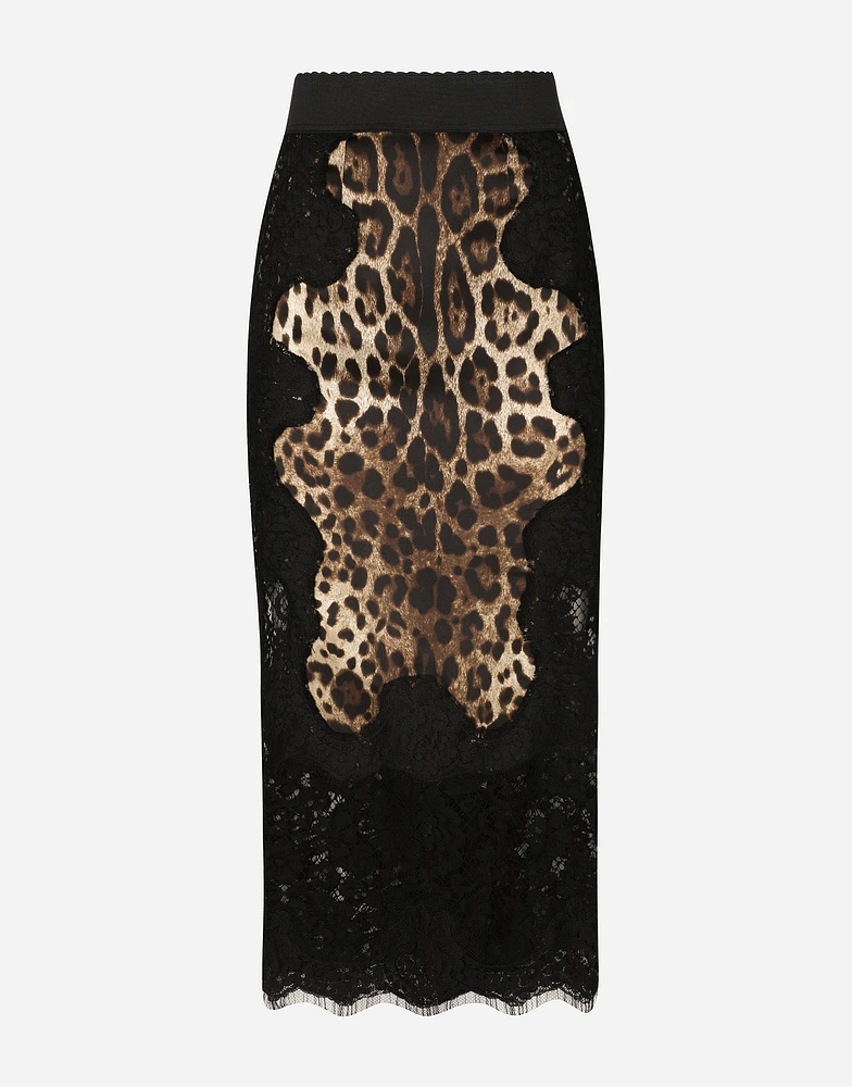 Leopard-print satin midi skirt with lace inserts