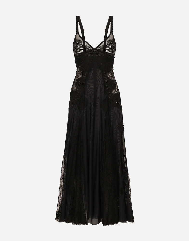 Tulle midi slip dress with lace inserts