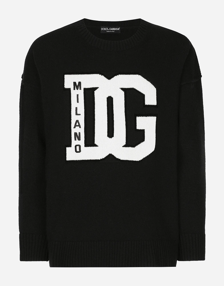 Wool round-neck sweater with DG inlay