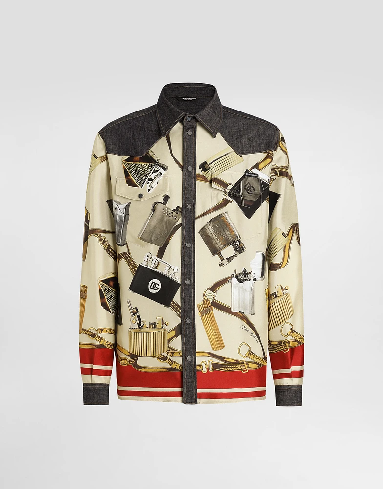 Silk and denim shirt with lighter print