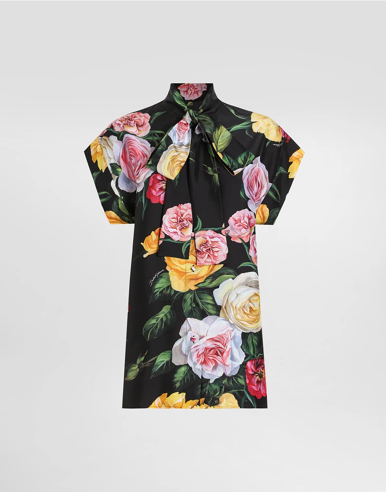 Silk habotai shirt with peony and rose print