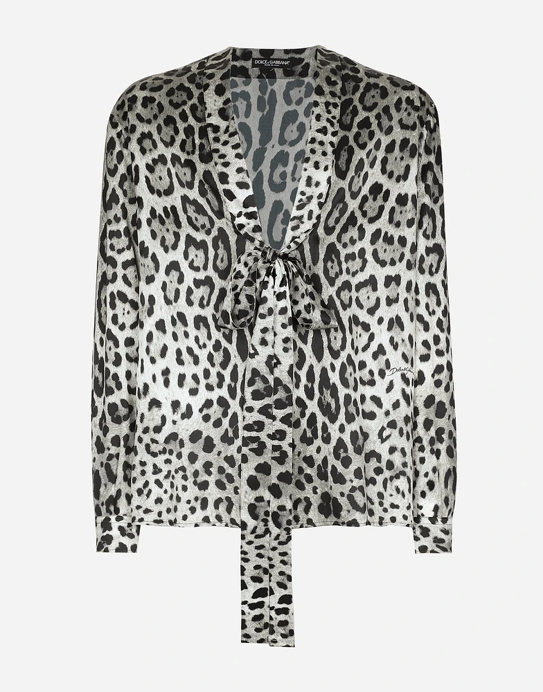 Leopard-print silk shirt with pussy-bow