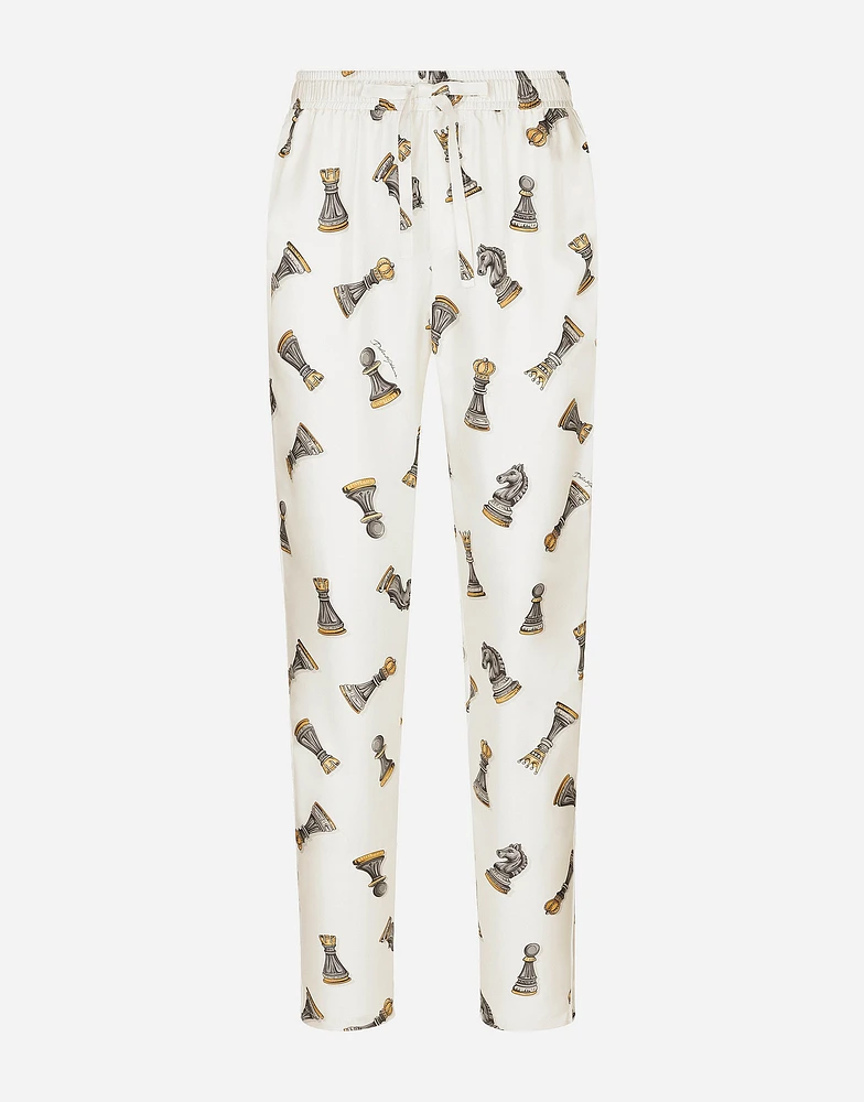 Silk twill jogging pants with chess-piece print