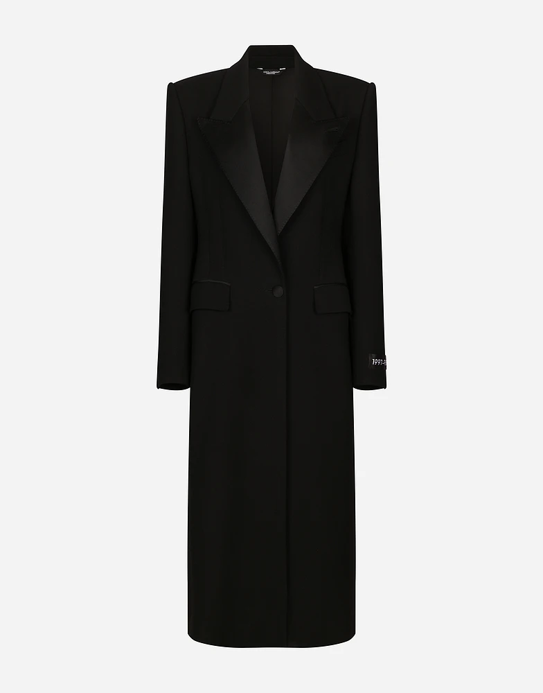 Long single-breasted wool tuxedo coat