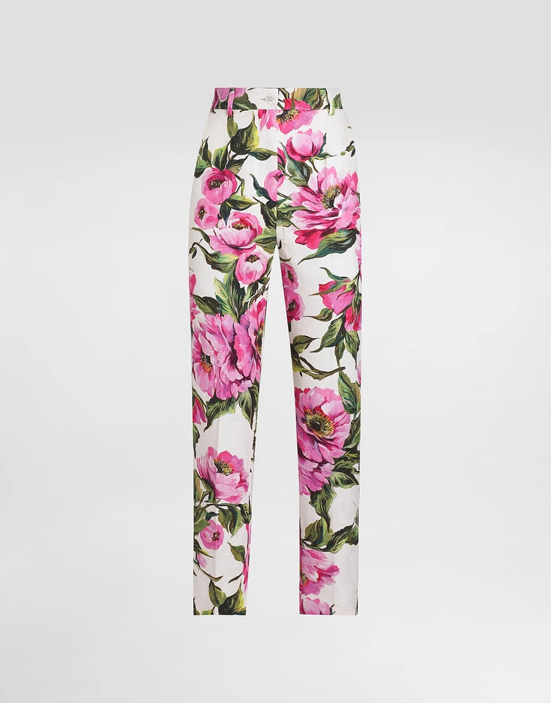 Peony-print cotton jacquard pants