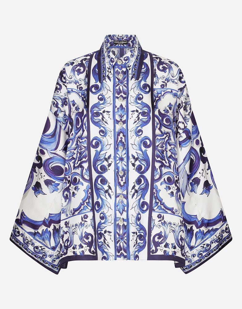 Majolica-print twill shirt with slits