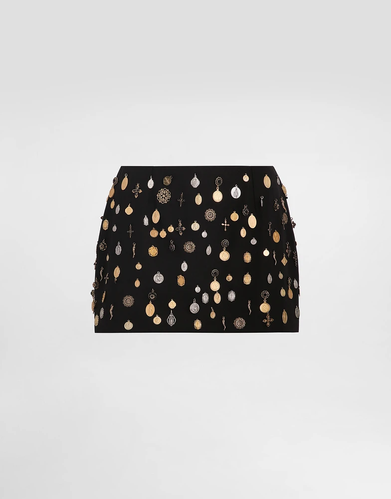 Cotton canvas miniskirt with all-over small medal embroidery