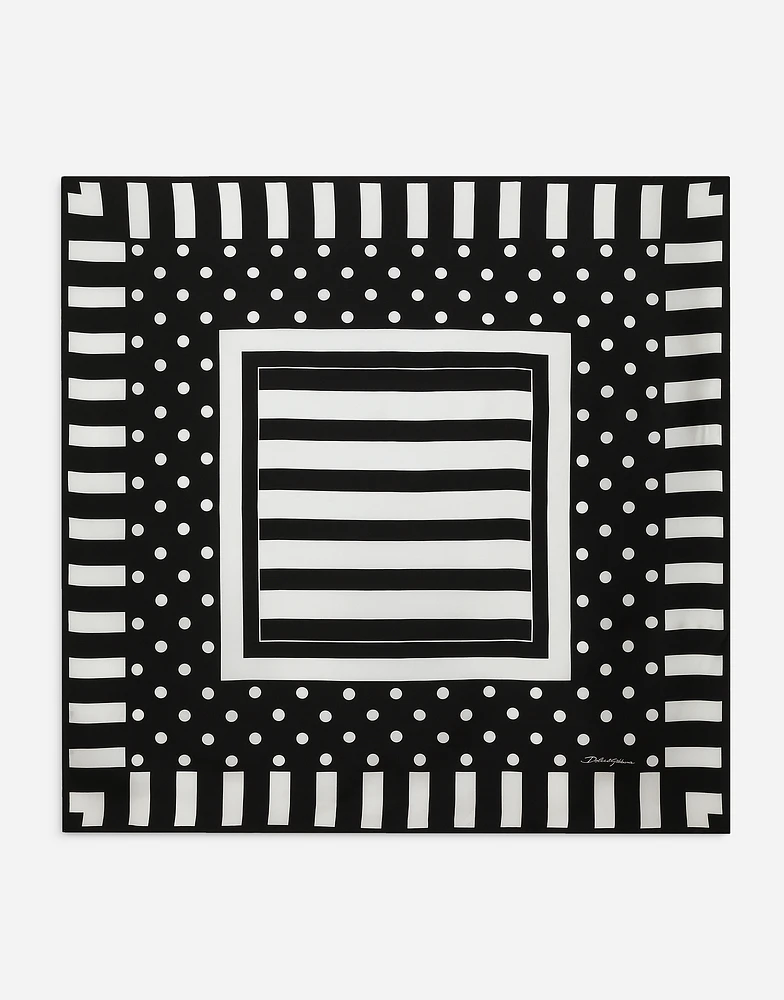 Silk twill scarf with polka-dot and striped print (90x90)