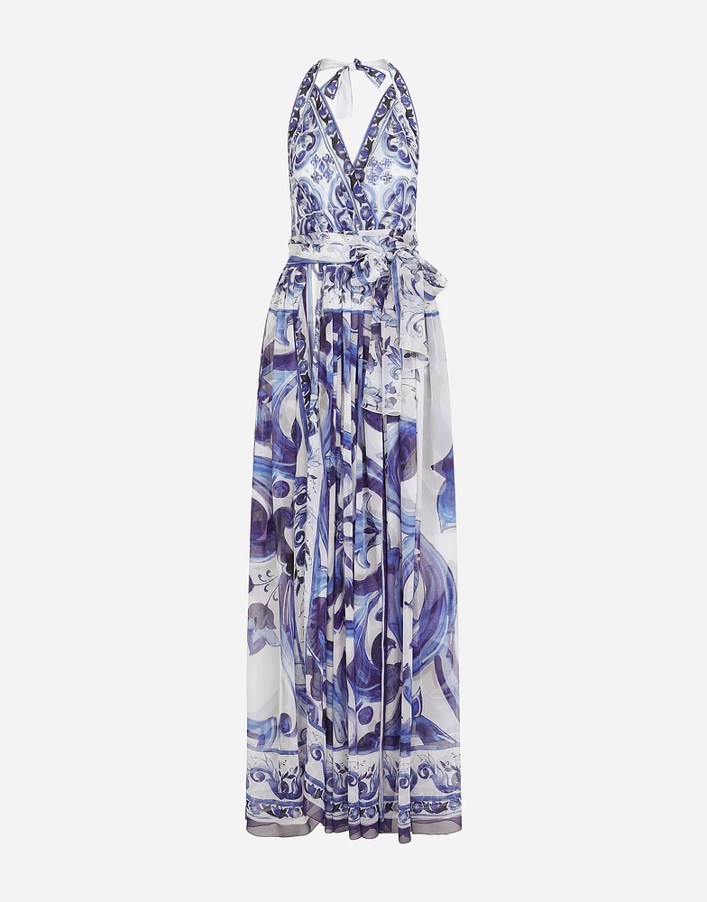 Long sleeveless chiffon dress with majolica print