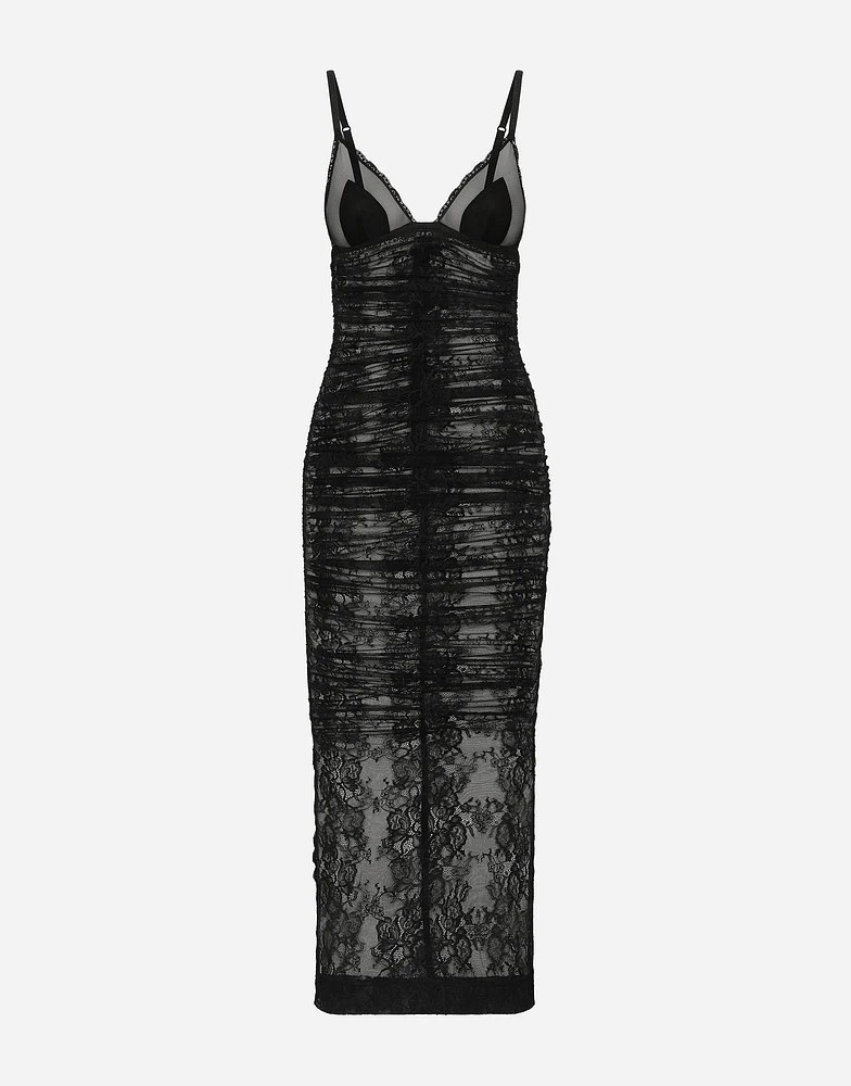 Calf-length stretch Chantilly lace slip dress