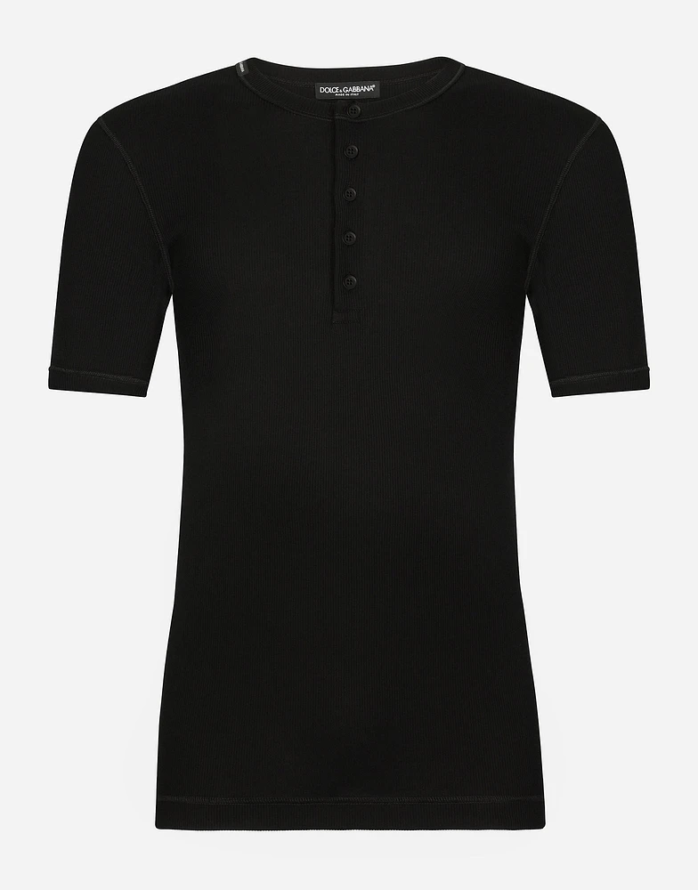 Fine-rib cotton granddad-neck T-shirt