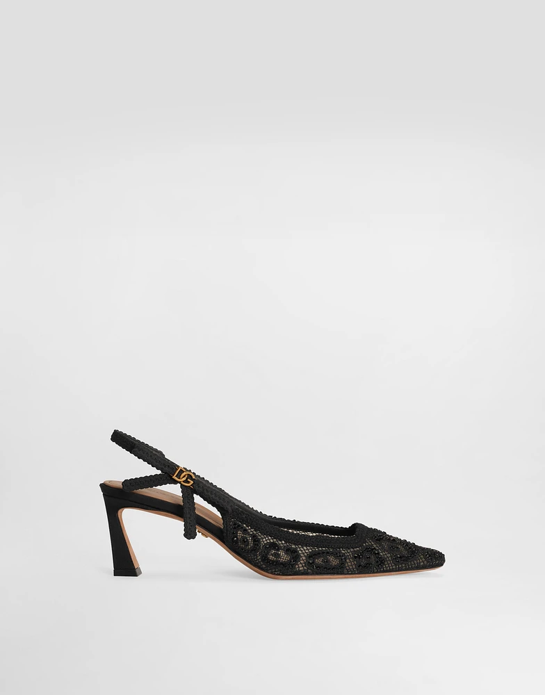 Leopard-design lace slingbacks with fusible rhinestones