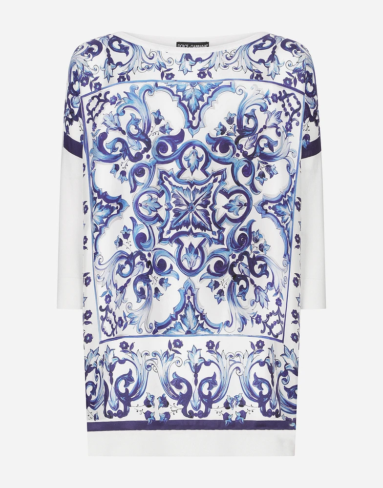 Silk twill crew-neck pullover with majolica print
