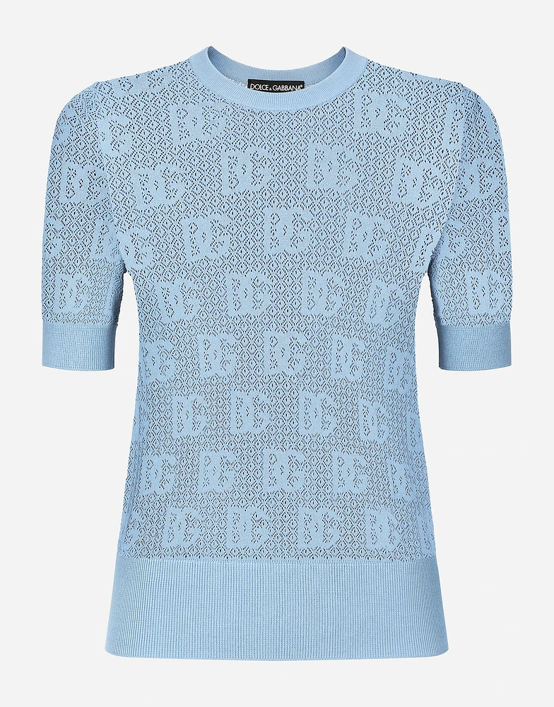 Lace-stitch viscose sweater with jacquard DG logo