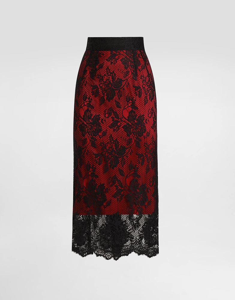 Lace calf-length pencil skirt with contrasting lining