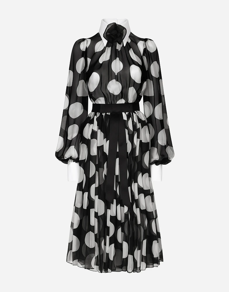 Polka-dot chiffon calf-length dress with piqué details