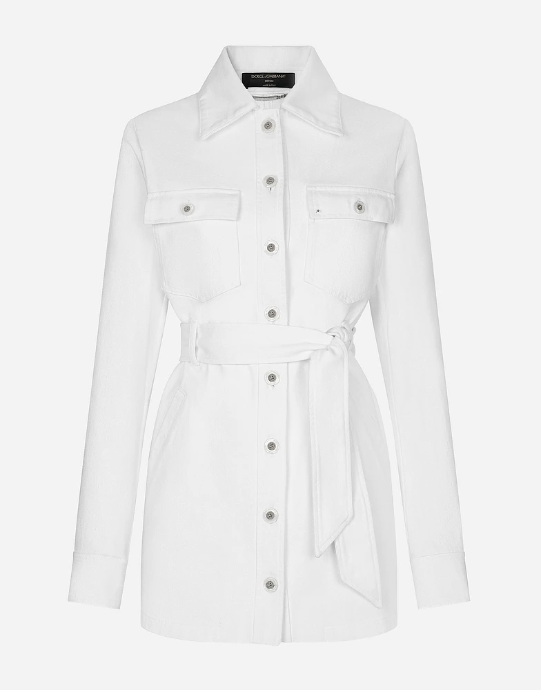 Long denim jacket with belt