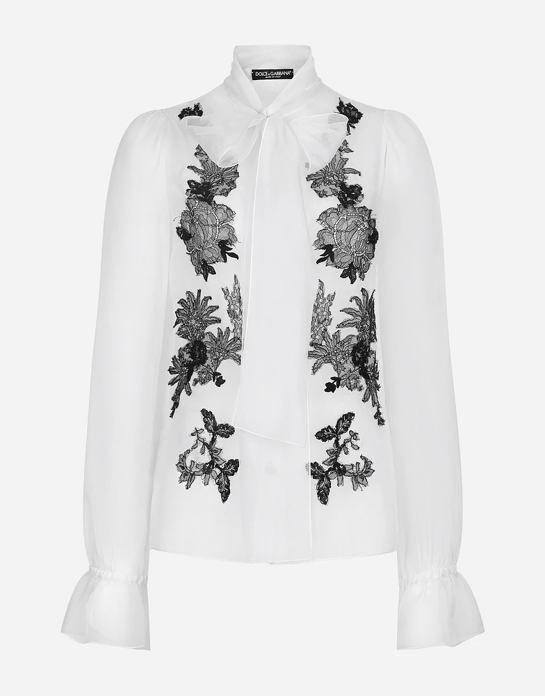 Organza pussy-bow shirt with lace appliqués