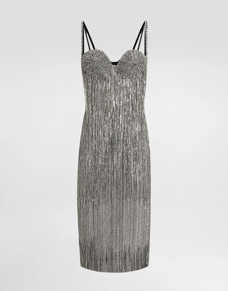 Marquisette calf-length dress with sequined fringing